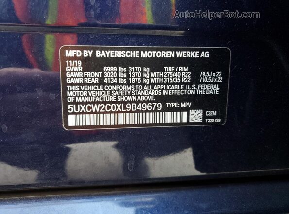 5UXCW2C0XL9B49679 2020 BMW X7 Blue VIN კოდის სტიკერის ხედი