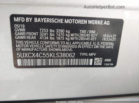 5UXCX4C55KLS38062 2019 BMW X7 White 