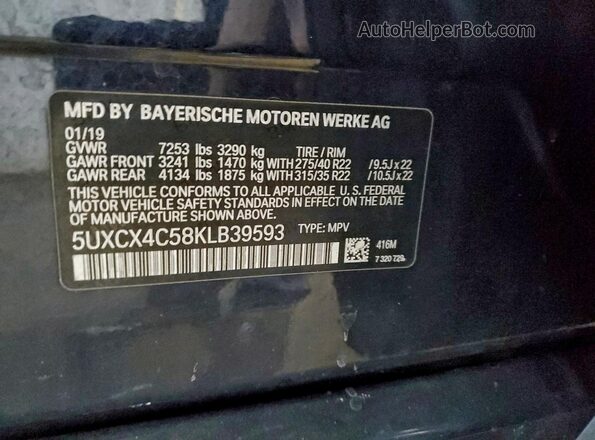 5UXCX4C58KLB39593 2019 BMW X7 Синий Вид наклейки с VIN-кодом