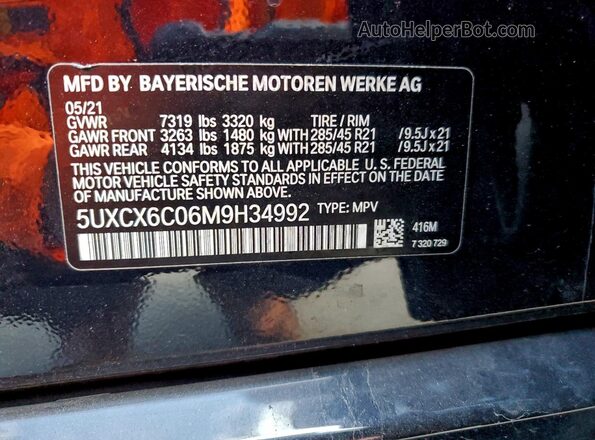 5UXCX6C06M9H34992 2021 BMW X7 Blue VIN კოდის სტიკერის ხედი
