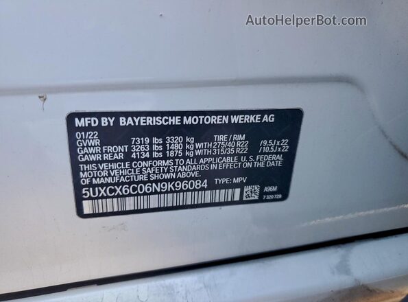 5UXCX6C06N9K96084 2022 BMW X7 Белый Вид наклейки с VIN-кодом