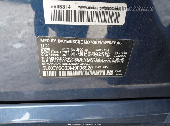 5UXCY6C03M9F06820 2021 BMW X6 Blue ძრავის განყოფილების ხედი