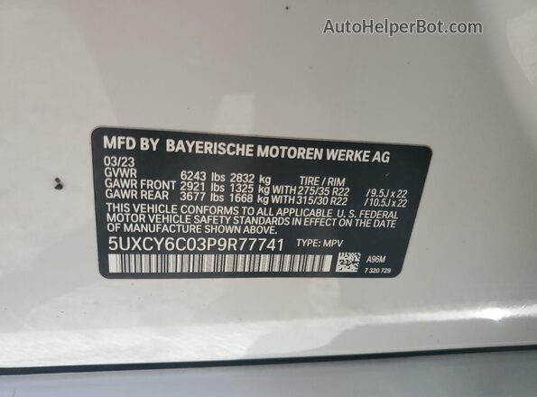 5UXCY6C03P9R77741 2023 BMW X6 White Vista de la etiqueta del VIN