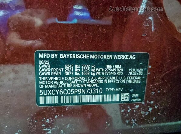 5UXCY6C05P9N73310 2023 BMW X6 Red Vista interior de 360 grados