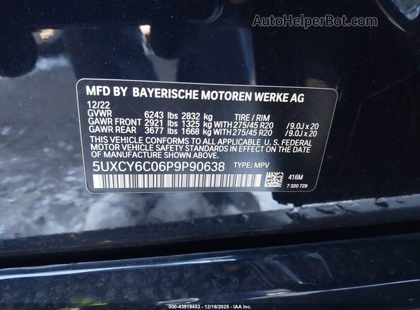 5UXCY6C06P9P90638 2023 BMW X6 Black 