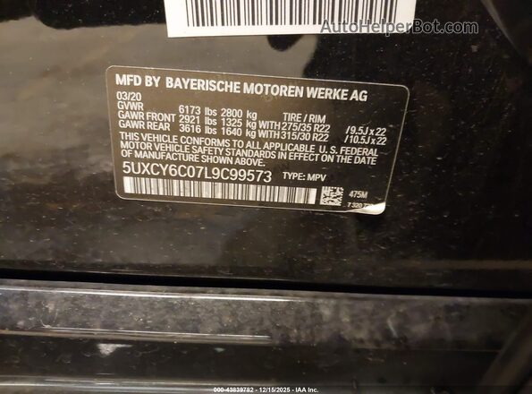 5UXCY6C07L9C99573 2020 BMW X6 Black 