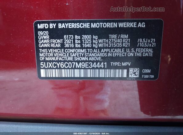 5UXCY6C07M9E34441 2021 BMW X6 Red 