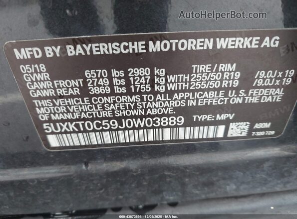 5UXKT0C59J0W03889 2018 BMW X5 Black 