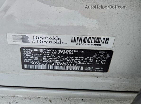5UXKU2C50J0X50112 2018 BMW X6 White 