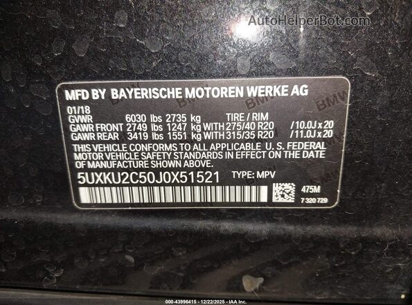 5UXKU2C50J0X51521 2018 BMW X6 Black Вид підкапотного простору