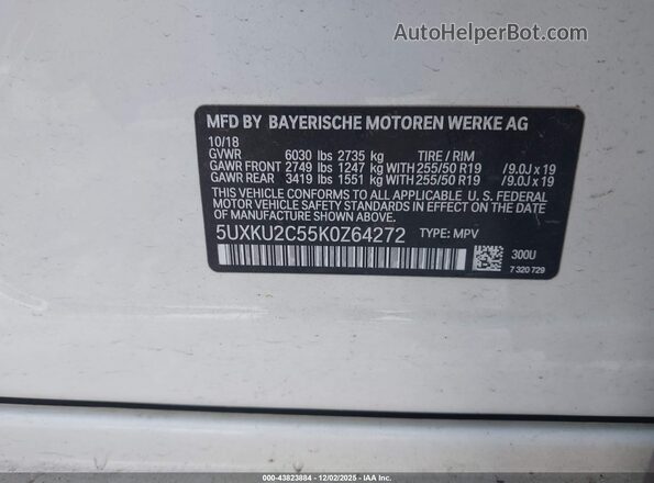 5UXKU2C55K0Z64272 2019 BMW X6 White Շարժիչի բաժամունքի տեսք