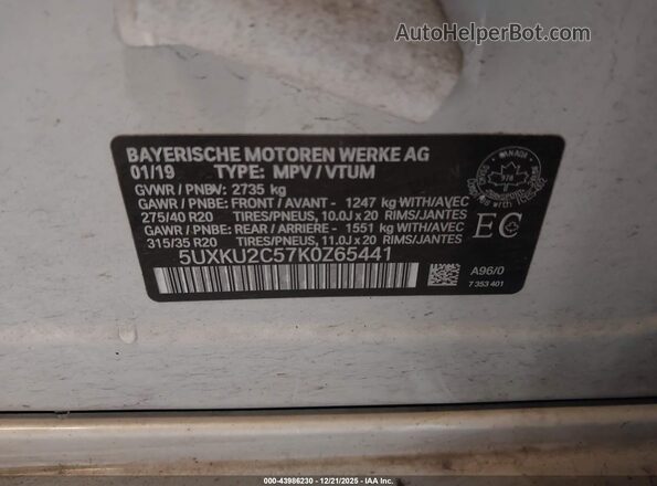5UXKU2C57K0Z65441 2019 BMW X6 White Շարժիչի բաժամունքի տեսք