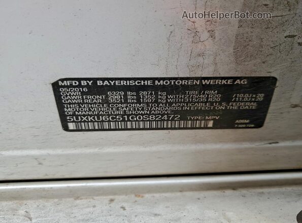 5UXKU6C51G0S82472 2016 BMW X6 Белый Вид наклейки с VIN-кодом