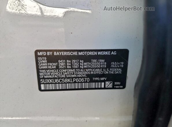 5UXKU6C58KLP60670 2019 BMW X6 White Вид наклейки з VIN-кодом
