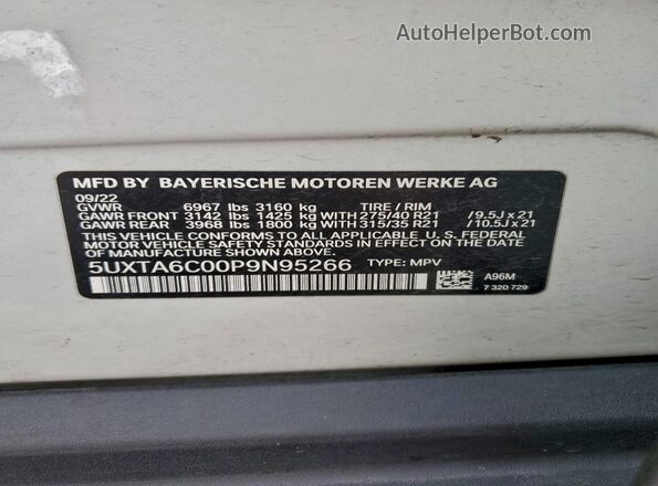 5UXTA6C00P9N95266 2023 BMW X5 White VIN կոդի պիտակի տեսք