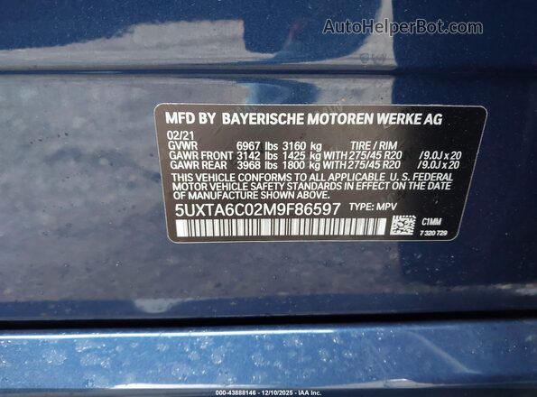 5UXTA6C02M9F86597 2021 BMW X5 Dark Blue Շարժիչի բաժամունքի տեսք