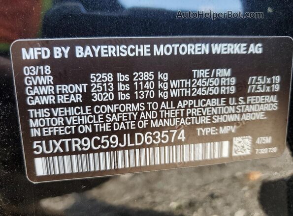 5UXTR9C59JLD63574 2018 BMW X3 Black VIN sticker view