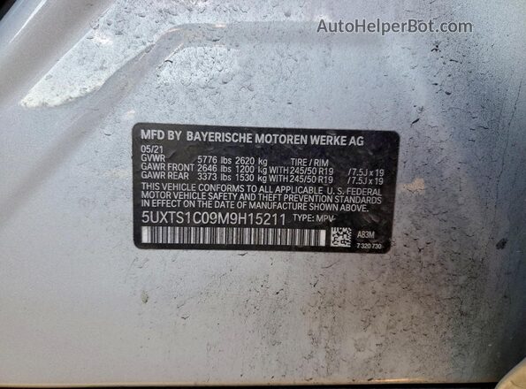 5UXTS1C09M9H15211 2021 BMW X3 Silver Widok naklejki z numerem VIN