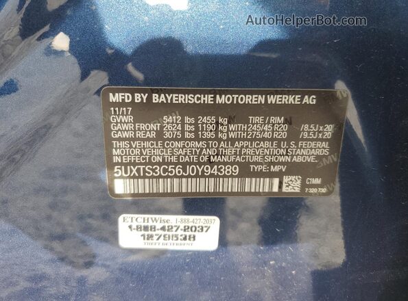 5UXTS3C56J0Y94389 2018 BMW X3 Blue Widok naklejki z numerem VIN