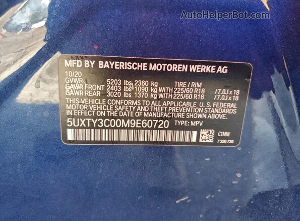5UXTY3C00M9E60720 2021 BMW X3 Blue სალონის 360-გრადუსიანი ხედი