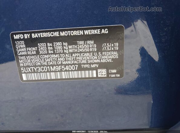 5UXTY3C01M9F54007 2021 BMW X3 Blue Вид підкапотного простору