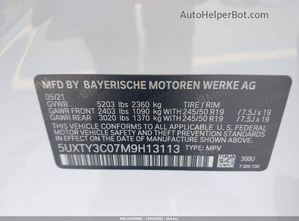 5UXTY3C07M9H13113 2021 BMW X3 White 