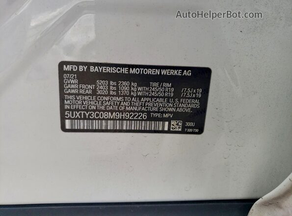5UXTY3C08M9H92226 2021 BMW X3 White 