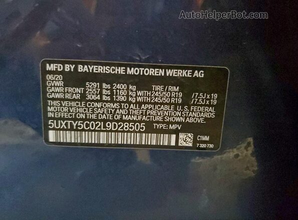 5UXTY5C02L9D28505 2020 BMW X3 Blue Вид наклейки з VIN-кодом