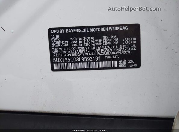 5UXTY5C03L9B92191 2020 BMW X3 White ძრავის განყოფილების ხედი