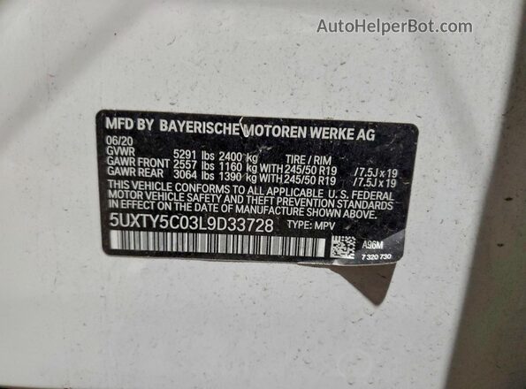 5UXTY5C03L9D33728 2020 BMW X3 White VIN sticker view