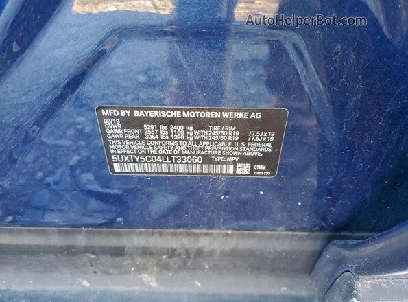 5UXTY5C04LLT33060 2020 BMW X3 Blue Vista de la etiqueta del VIN