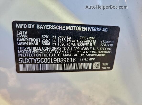 5UXTY5C05L9B89616 2020 BMW X3 White Սալոնի 360 աստիճան տեսք