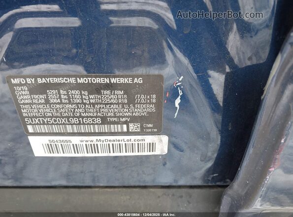 5UXTY5C0XL9B16838 2020 BMW X3 Blue Rear seats view