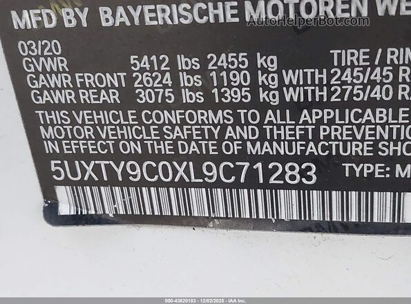 5UXTY9C0XL9C71283 2020 BMW X3 White Շարժիչի բաժամունքի տեսք