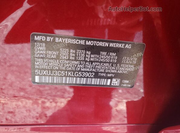 5UXUJ3C51KLG53902 2019 BMW X4 Red Панорамний вид салону 360°