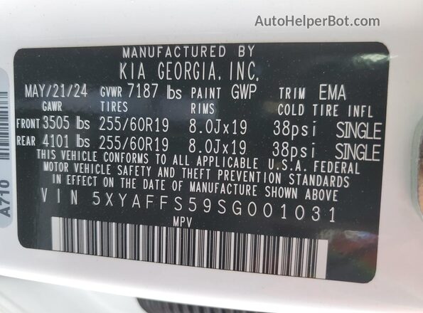 5XYAFFS59SG001031 2025 KIA EV9 White Вид наклейки з VIN-кодом