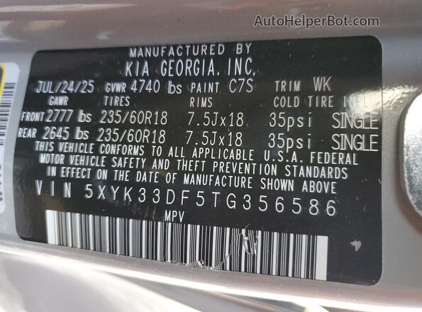 5XYK33DF5TG356586 2026 KIA SPORTAGE Gray Widok naklejki z numerem VIN