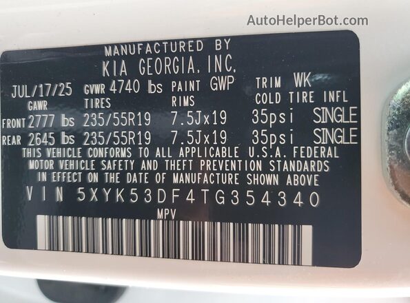 5XYK53DF4TG354340 2026 KIA SPORTAGE White VIN კოდის სტიკერის ხედი