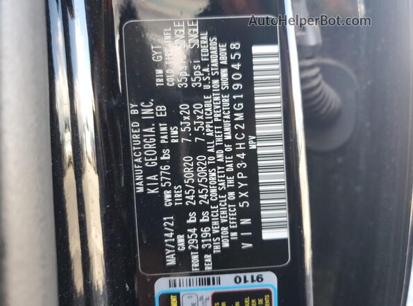 5XYP34HC2MG190458 2021 KIA TELLURIDE Черный Вид наклейки с VIN-кодом
