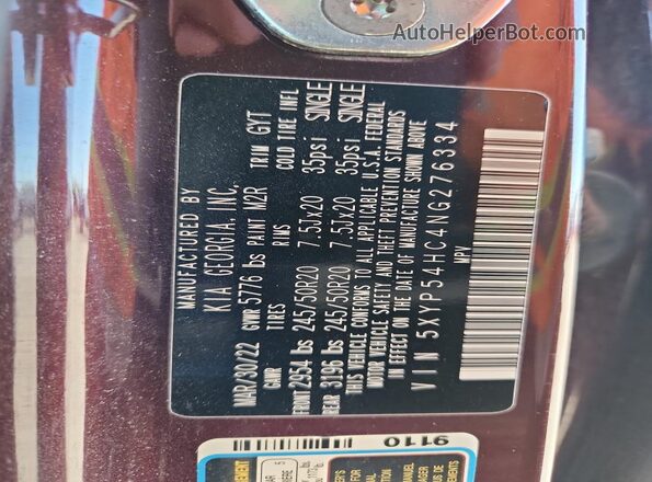 5XYP54HC4NG276334 2022 KIA TELLURIDE Burgundy VIN კოდის სტიკერის ხედი