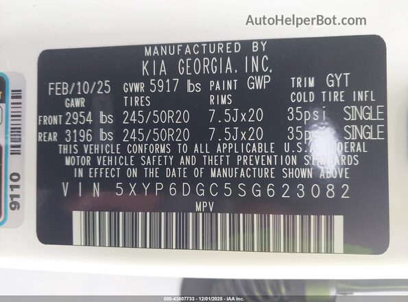 5XYP6DGC5SG623082 2025 KIA TELLURIDE White 
