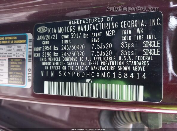 5XYP6DHCXMG158414 2021 KIA TELLURIDE Purple Engine compartment view