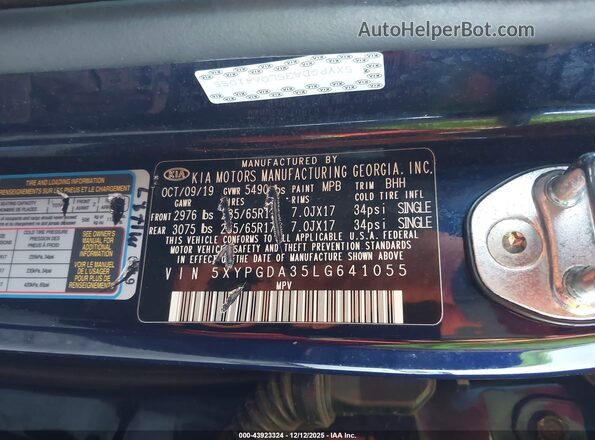 5XYPGDA35LG641055 2020 KIA SORENTO Dark Blue Engine compartment view
