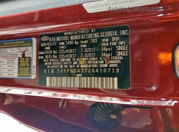 5XYPGDA37JG410719 2018 KIA SORENTO Maroon 