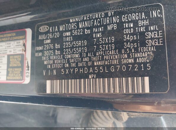 5XYPHDA55LG707215 2020 KIA SORENTO Blue Vista del compartimento del motor