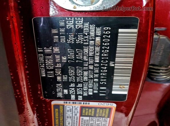 5XYRG4JC1RG260269 2024 KIA SORENTO Бордовый Панорамный вид салона 360°
