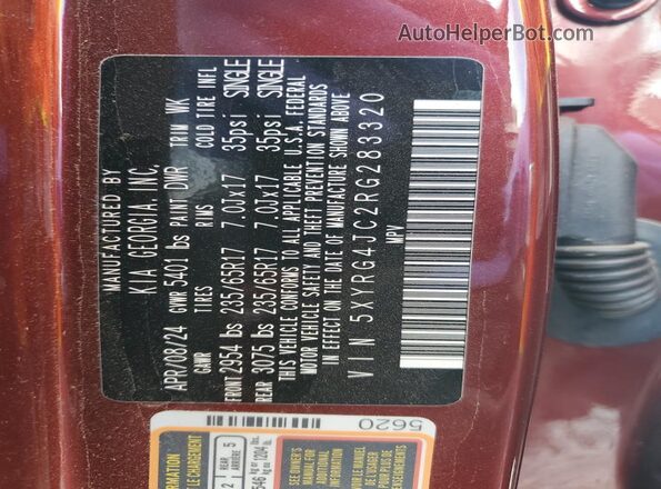 5XYRG4JC2RG283320 2024 KIA SORENTO Темно-бордовый Вид наклейки с VIN-кодом