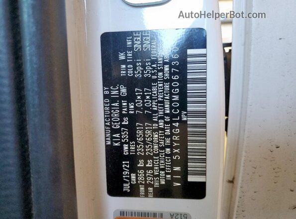 5XYRG4LC0MG067360 2021 KIA SORENTO White 