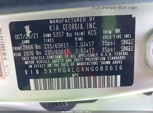5XYRG4LCXNG083616 2022 KIA SORENTO Silver Շարժիչի բաժամունքի տեսք