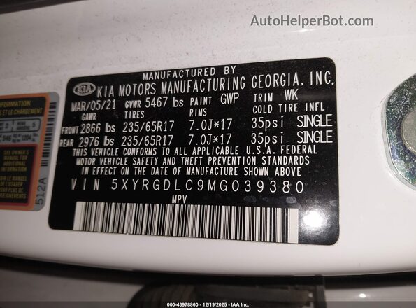 5XYRGDLC9MG039380 2021 KIA SORENTO Белый Вид подкапотного пространства